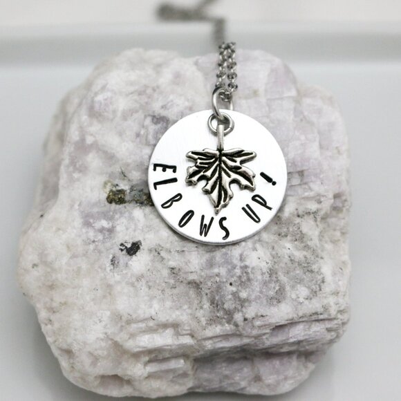 Elbows Up! Maple Leaf Hand Stamped Pendant Necklace - Handmade & Hypoallergenic - Picture 10 of 11